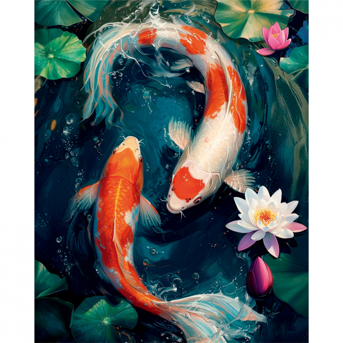 Set pictura pe numere, cu sasiu, Pesti japonezi si lotusi, 40x50 cm [1]