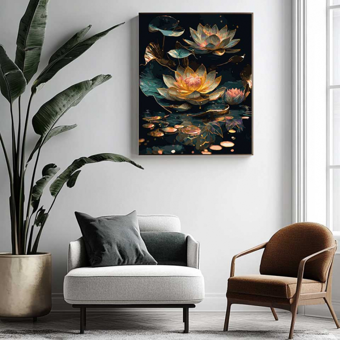 Set pictura pe numere, cu sasiu, Nuferi auriti - canvas negru, 40x50 cm [4]
