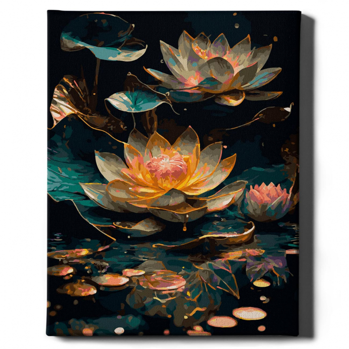 Set pictura pe numere, cu sasiu, Nuferi auriti - canvas negru, 40x50 cm [2]