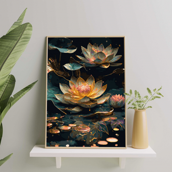 Set pictura pe numere, cu sasiu, Nuferi auriti - canvas negru, 40x50 cm [3]