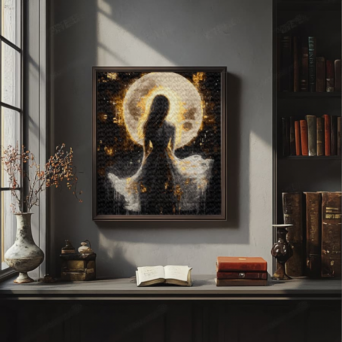 Set pictura pe numere, cu sasiu, Fata si luna - culori aurii, 40x50 cm [3]
