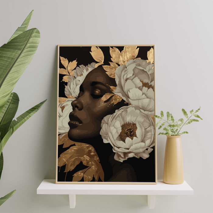 Set pictura pe numere, cu sasiu, Fata cu bujori 1 - canvas negru, 40x50 cm [3]