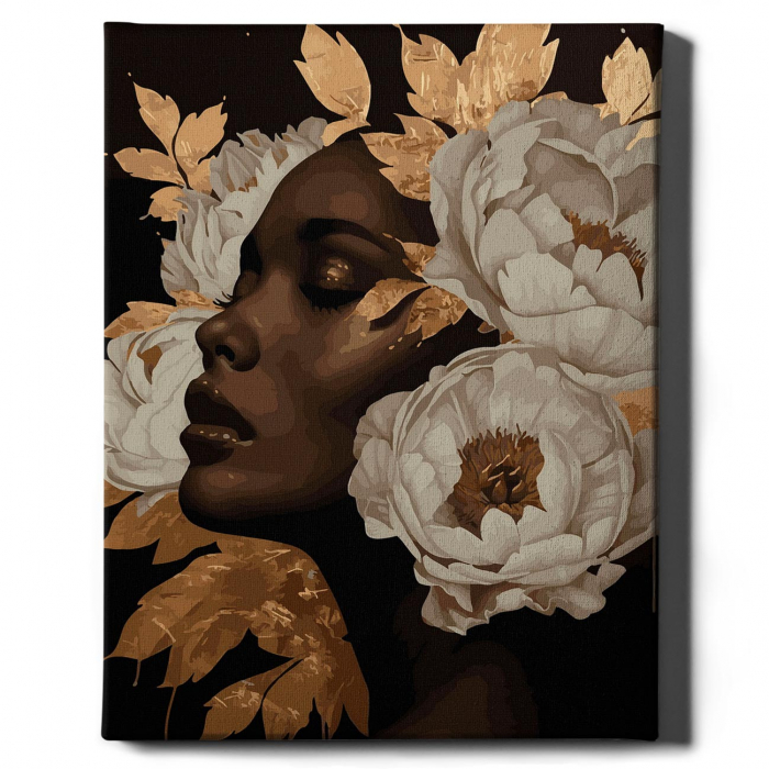 Set pictura pe numere, cu sasiu, Fata cu bujori 1 - canvas negru, 40x50 cm [2]