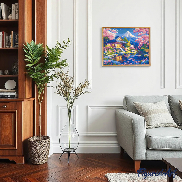 Set pictura pe numere, cu sasiu, Casa si sakura langa rau, 40x50 cm [3]