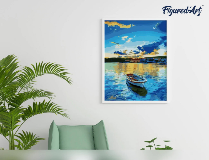 Set pictura pe numere, cu sasiu, Barcuta la rasarit, 40x50 cm [3]