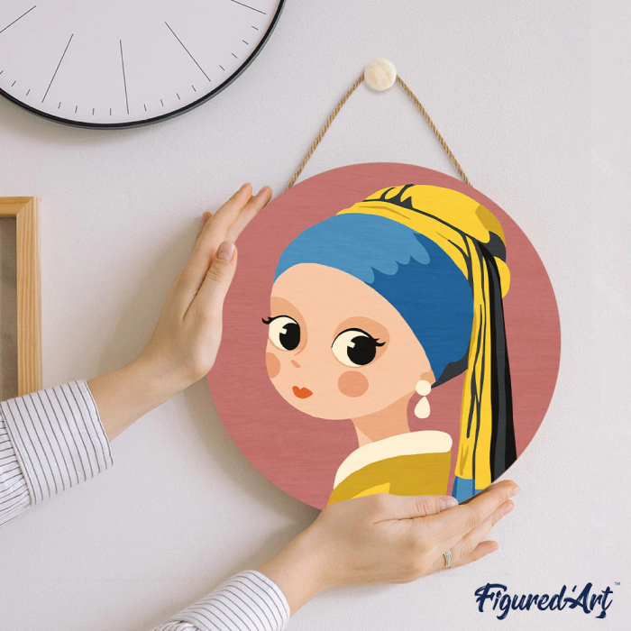 Set pictura pe numere rotunda, pe lemn, Fetita cu cercel de perla, Ø30cm [5]