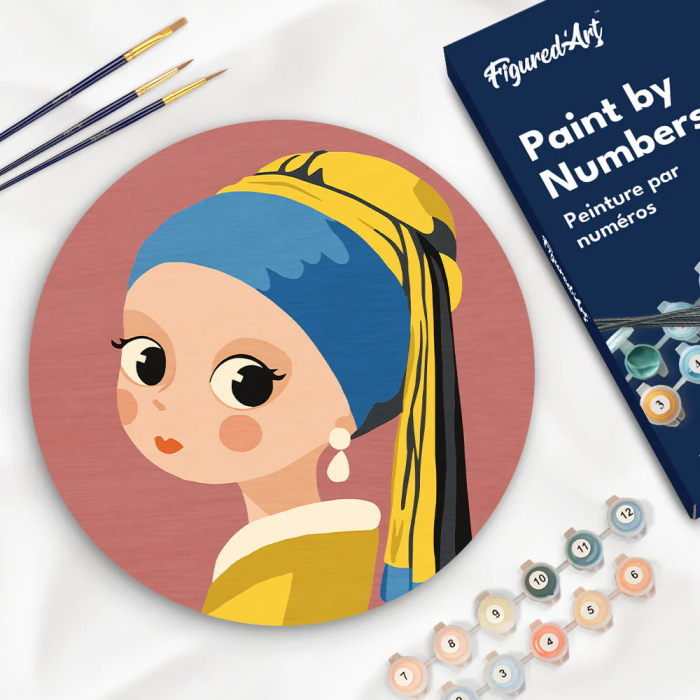 Set pictura pe numere rotunda, pe lemn, Fetita cu cercel de perla, Ø30cm [2]