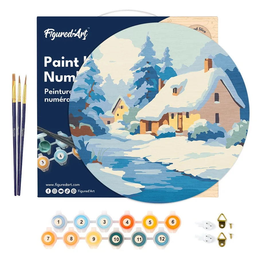 Set pictura pe numere rotunda, pe lemn, Casuta iarna, Ø30cm [5]