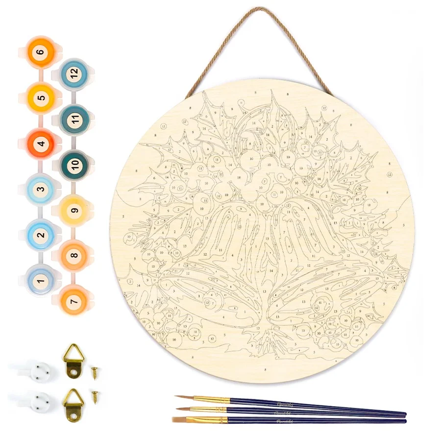 Set pictura pe numere rotunda, pe lemn, Clopotei de Craciun, Ø30cm [4]