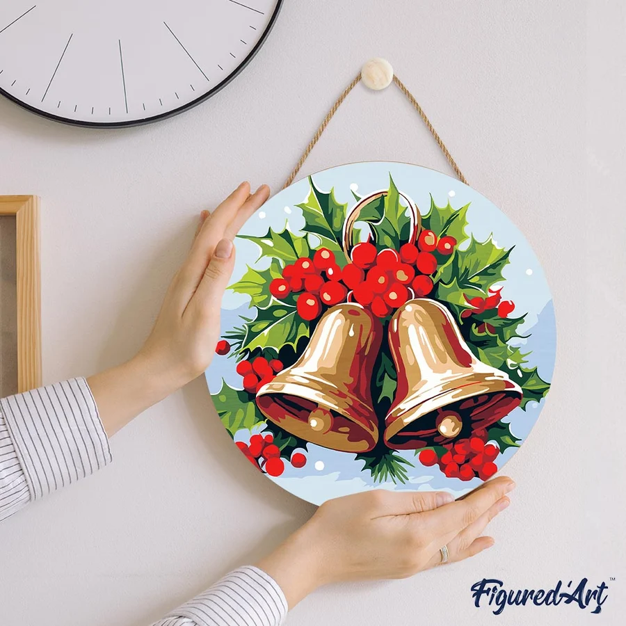 Set pictura pe numere rotunda, pe lemn, Clopotei de Craciun, Ø30cm [6]