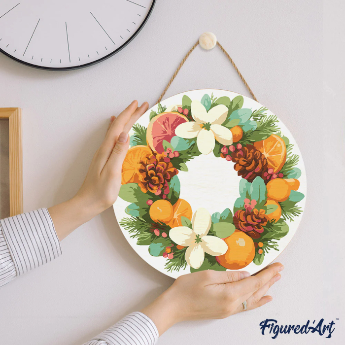 Set pictura pe numere rotunda, pe lemn, Coronita cu portocale, Ø30cm [4]