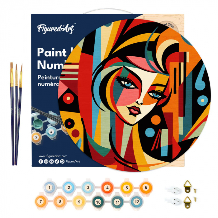Set pictura pe numere rotunda, pe lemn, Portret de femeie in stil Picasso, Ø30cm [3]