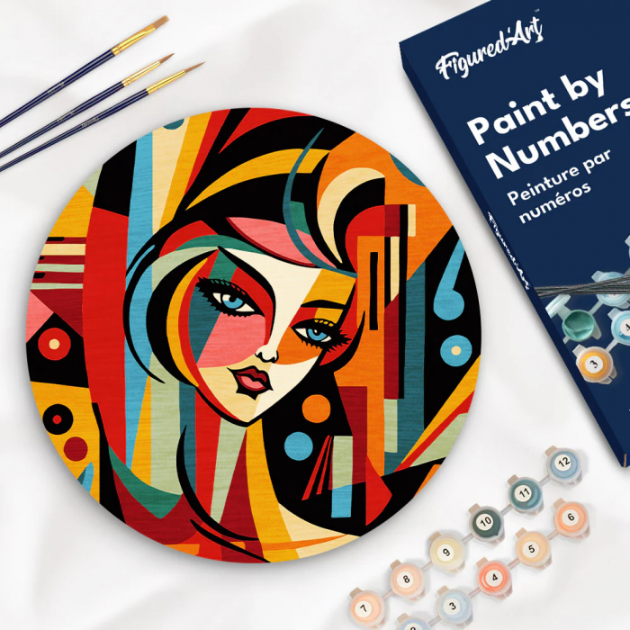 Set pictura pe numere rotunda, pe lemn, Portret de femeie in stil Picasso, Ø30cm [6]