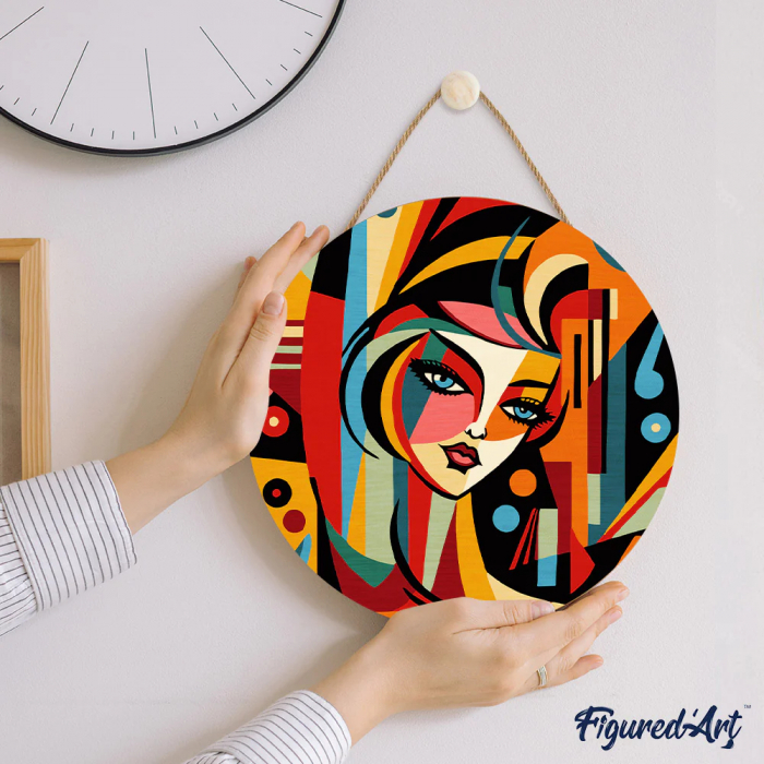 Set pictura pe numere rotunda, pe lemn, Portret de femeie in stil Picasso, Ø30cm [5]