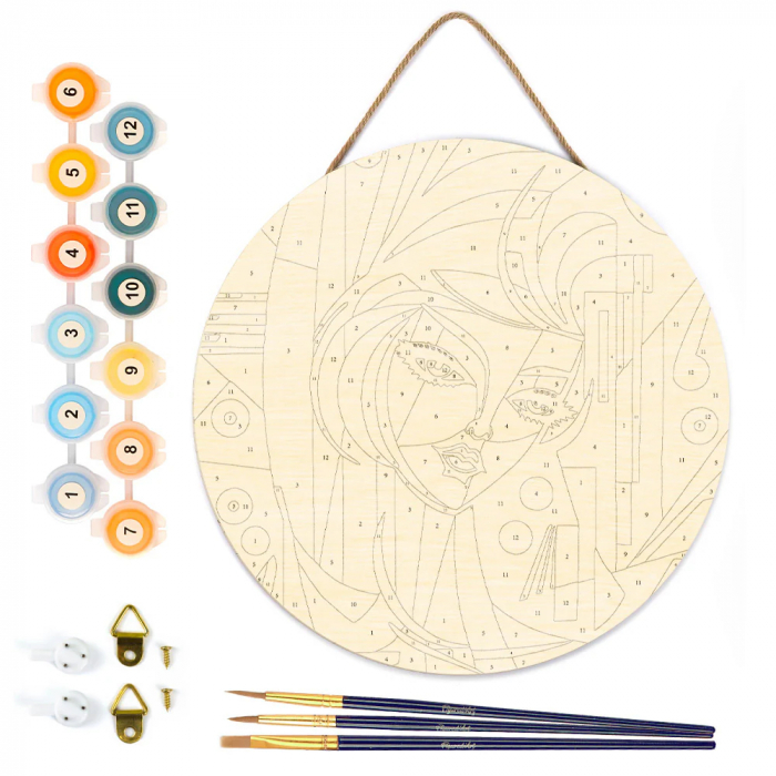 Set pictura pe numere rotunda, pe lemn, Portret de femeie in stil Picasso, Ø30cm [2]