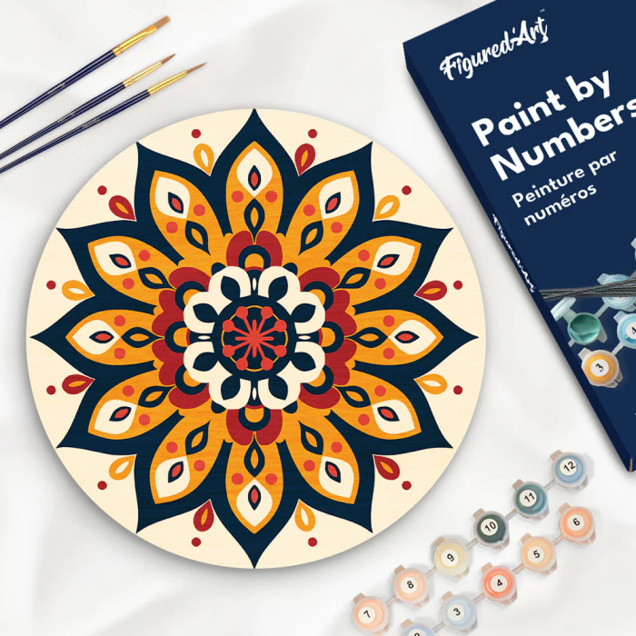 Set pictura pe numere rotunda, pe lemn, Mandala solara, Ø30cm [3]
