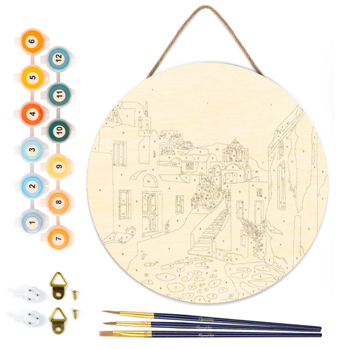 Set pictura pe numere rotunda, pe lemn, Santorini, Ø30cm [2]