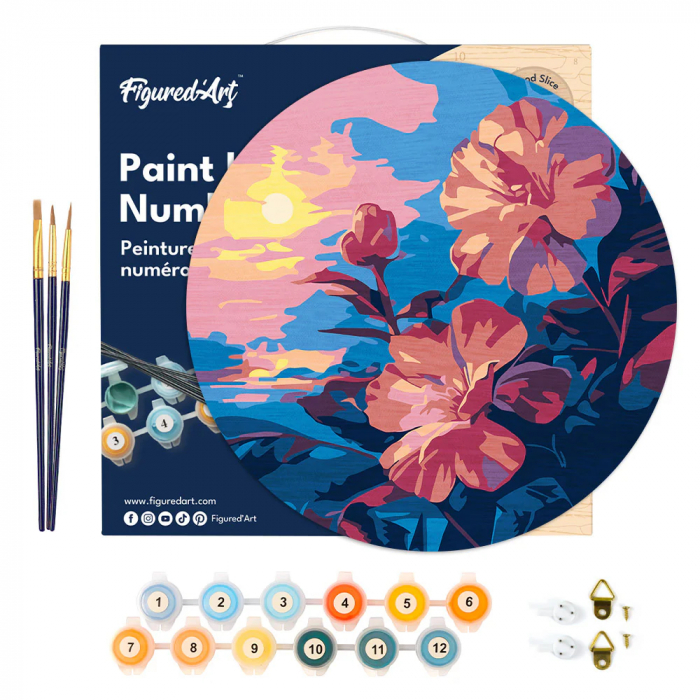 Set pictura pe numere rotunda, pe lemn, Hibiscus la apus, Ø30cm [12]