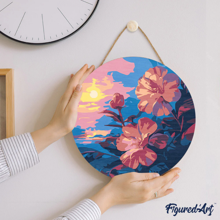 Set pictura pe numere rotunda, pe lemn, Hibiscus la apus, Ø30cm [2]