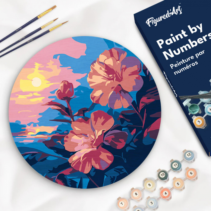 Set pictura pe numere rotunda, pe lemn, Hibiscus la apus, Ø30cm [4]