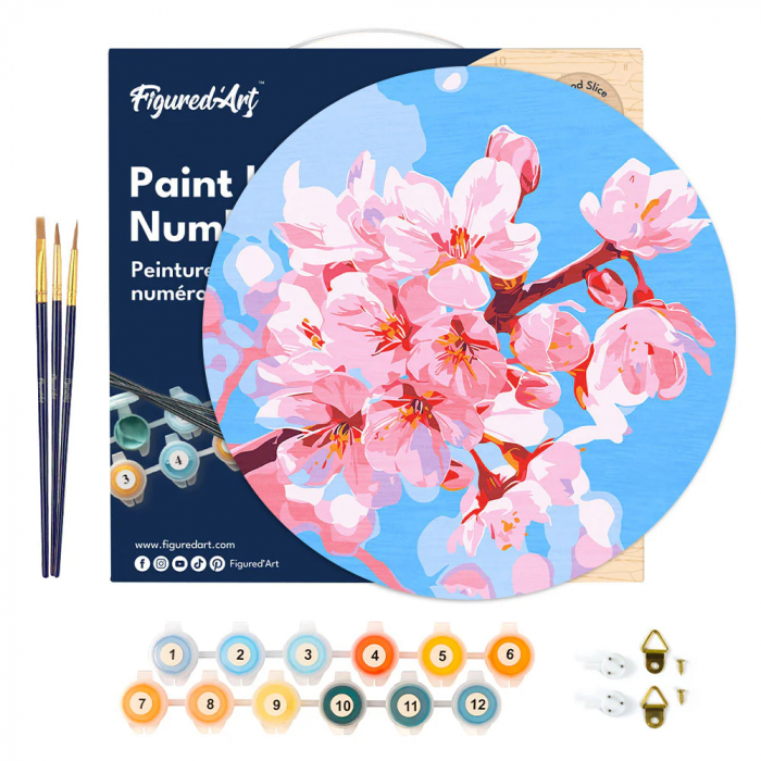Set pictura pe numere rotunda, pe lemn, Flori de cires, Ø30cm [5]