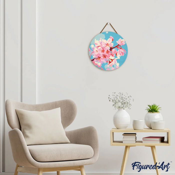 Set pictura pe numere rotunda, pe lemn, Flori de cires, Ø30cm [6]