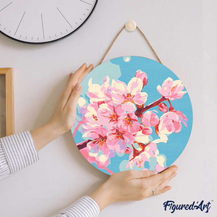 Set pictura pe numere rotunda, pe lemn, Flori de cires, Ø30cm [3]