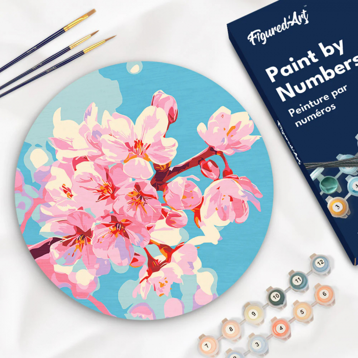 Set pictura pe numere rotunda, pe lemn, Flori de cires, Ø30cm [2]