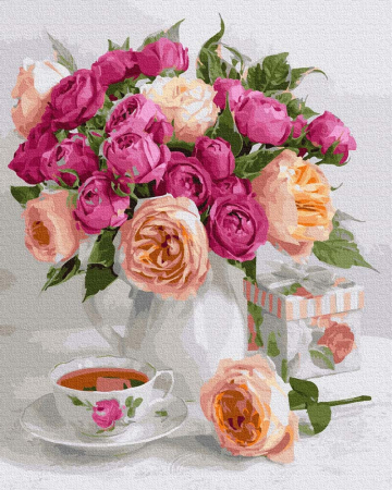 Set pictura pe numere, cu sasiu, Buchet de trandafiri pe masa, 40x50 cm [0]
