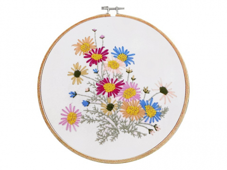 Broderii & Tesaturi - Set pentru brodat imprimat, cu gherghef, Flori de camp, Ø20 cm