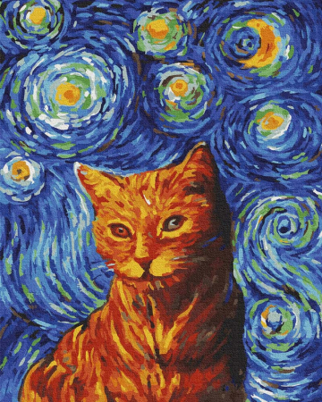 Set pictura pe numere, cu sasiu, Pisica tarcata pe fond van Gogh, 40x50 cm [0]