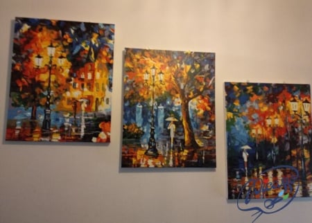 Set 3 picturi pe numere, cu sasiu, Plimbare noaptea in parc - Leonid Afremov, 50 x 120 cm [1]