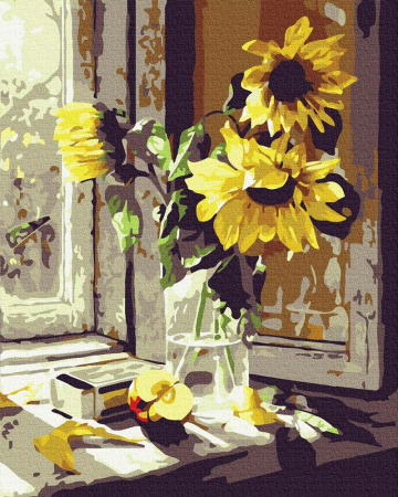 Set pictura pe numere, cu sasiu, Floarea soarelui la fereastra, 40x50 cm [0]