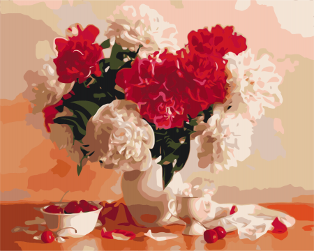 Set pictura pe numere, cu sasiu, Bujori albi si rosii, 40x50 cm [0]