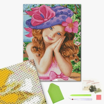 Set goblen cu diamante, cu sasiu, Fetita cu palarie, 40x50 cm [1]