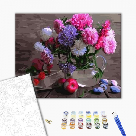 Set pictura pe numere, cu sasiu, Crizanteme colorate, 40x50 cm [1]