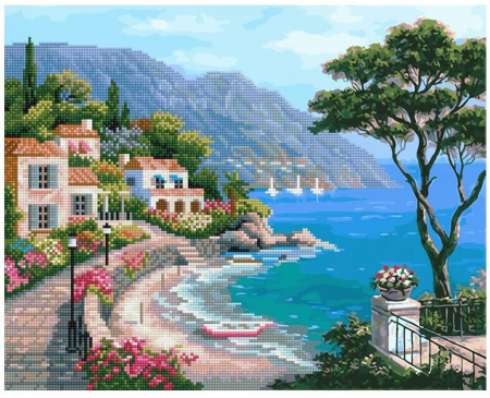 Set pictura pe numere si goblen cu diamante, cu sasiu, Peisaj de vacanta, 40x50 cm [0]