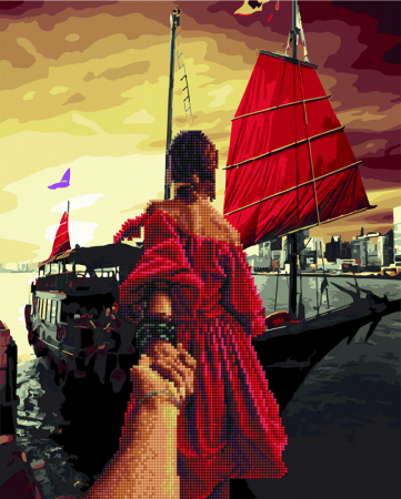 Set pictura pe numere si goblen cu diamante, cu sasiu, Urmeaza-ma: vele purpurii, 40x50 cm [0]