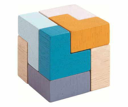 IQ puzzle 3D - Cub din lemn, multicolor, cutie metalica 9 piese [0]