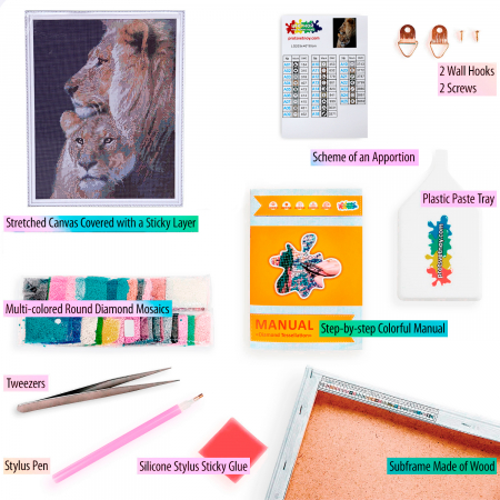 Set goblen cu diamante, cu sasiu, Familie de lei, 40x50 cm [1]