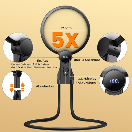 Lupa LED x5, cu 3 modalitati de utilizare, 3 intensitati de lumina, reincarcabila [6]