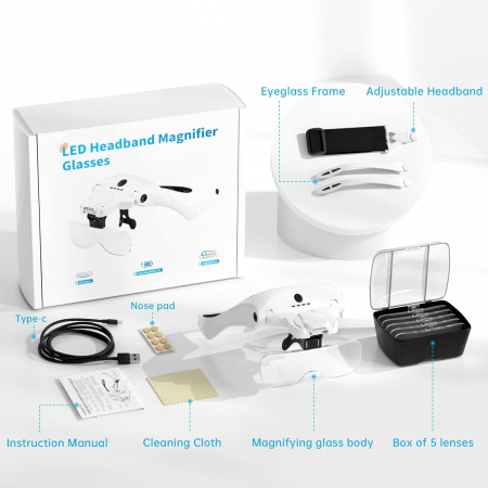  Lupa tip ochelari, din plastic, cu LED, reincarcabila, 5 lentile cu putere de marire 1x,  1,5x, 2x,  2,5x, 3,5 x; [5]