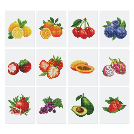 Goblenuri cu diamante fara sasiu - Mini set 12 goblenuri cu diamante, fara sasiu, Fructe, 18x15 cm