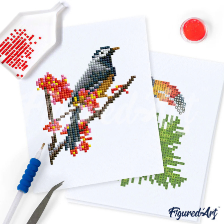 Mini set 12 goblenuri cu diamante, fara sasiu, Pasari, 18x15 cm [3]