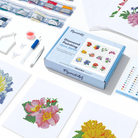 Mini set 12 goblenuri cu diamante, fara sasiu, Flori 2, 18x15 cm [2]