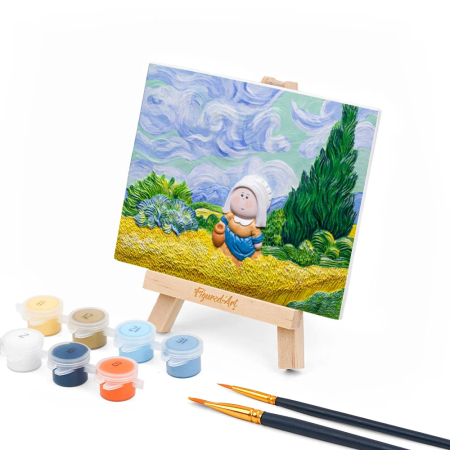 Decoratiuni casa - Mini set pictura 3D in relief, Fetita in camp de grau - stil van Gogh, 13,5x 10,5 cm