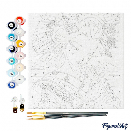 Mini set pictura pe numere, cu sasiu, Gheisa in rosu si negru, 20x20 cm [2]