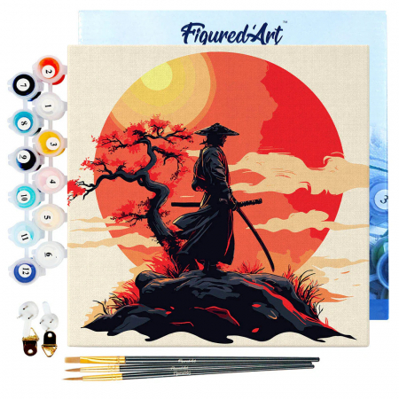 Mini set pictura pe numere, cu sasiu, Samurai in lumina apusului, 20x20 cm [1]