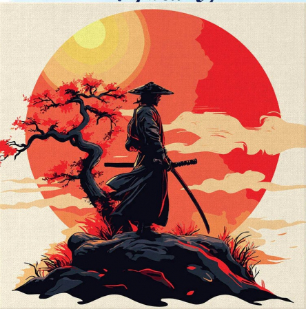 Dimensiuni medii si mici - Mini set pictura pe numere, cu sasiu, Samurai in lumina apusului, 20x20 cm