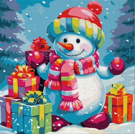 Mini set pictura pe numere, cu sasiu, Om de zapada cu cadouri, 20x20 cm